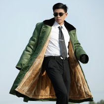 Military cotton coat cotton coat mens winter plus suede thickened long section security coat anti-cold cotton clothes grabbing velvety coat army green