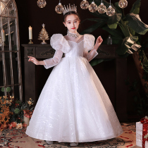 Girls high-end evening dress Princess dress childrens wedding flower girl piano performance costume long-sleeved white woman