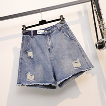 Large size ripped jeans womens summer thin section loose 2021 new fat sister five points high waist wide leg shorts