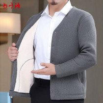Add velvet padded cardigan thermal underwear middle-aged and elderly single-piece jacket men old people loose placket father old people