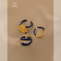 Yan Klein blue ring niche design sense sapphire blue zircon drop glaze open ring advanced sense food finger ring