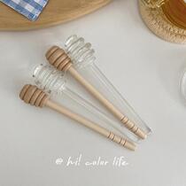 Hi color life solid glass honey with honey stick creative long handle solid wood honey water jam stirring stick