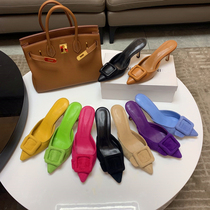 European station High version 2021 New Muller shoes women shallow mouth tip middle heel square buckle half drag thin heel bag head slippers women