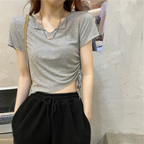 Summer 2021 new Hong Kong style design sense niche all-match short T-shirt women slim drawstring short-sleeved top