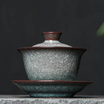 Celadon three-cai Gaiwan Teacup Large single tea bowl is not hot Longquan Ge Kiln ice crack Kung Fu tea set