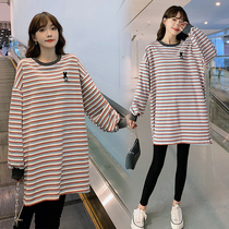 Pregnancy Woman Dress Spring Dress Sweatshirt Plus Fat Increase Code Loose thin striped blouses Long-style trendy long sleeve T-shirt 200 catty
