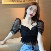 French square collar top womens summer off-the-shoulder clavicle retro Hepburn style short Hyuna bubble sleeve foreign style small shirt tide