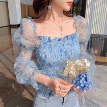 Sweet and fresh square collar one-shoulder slim-fit mesh floral top 2021 summer new eugen yarn sunscreen clothes women