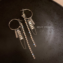 925 silver pin diamond chain earrings European and American exaggerated fashion asymmetric hip hop personality earrings simple earrings female