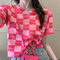 Summer 2021 new loose cotton short-sleeved t-shirt womens hollow plaid bottoming shirt design niche top
