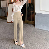 Milk tea color suit split pants High waist thin ice silk casual pants womens summer thin hanging mopping wide leg pants