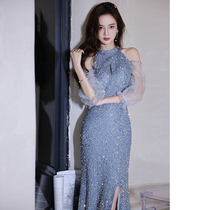 Annual meeting evening dress Dress Girl Blue Long style Hanging Neck host high-end light extravagant and famous Banquet Temperament bright sheet