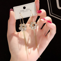 Korean temperament net red S925 silver needle stud earrings long tassel petal zircon drop earrings fashion simple girl earrings