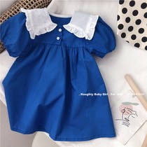 South Korea 22 summer new girls gas dress girl baby doll dress blue short - sleeved girl princess skirt