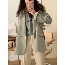 Han Edition Casual Suit Jacket Woman Spring Autumn Fried Street Advanced Design Sensation Little Niche Green West Suit Chic