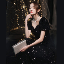 Heavy industry black evening dress skirt female banquet sequins Light luxury niche high-end host dress performance Hepburn summer