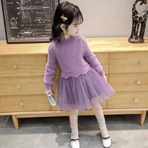 Girl Ocean Gas Princess Liandress 2022 Spring new Child Skirt CUHK Child Splicing Knitted Sweater Dress Dress