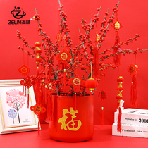 Annual meeting layout scene Creative blessing bucket flower arrangement Silver willow hug bucket New Year blessing bucket Flower bucket New Year decoration New Year eve flower
