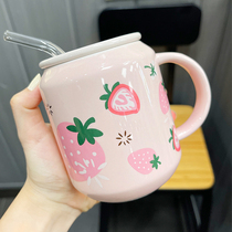 Strawberry Cup children cute girl heart office ceramic mug with cover Creative straw water Cup home Portable