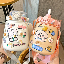 Big belly straw thermos cup female large capacity 1000ml cute children student portable strap double drinking kettle Cup