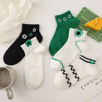 Cotton socks womens ins boat socks in Jilin Liaoyuan Shallow Mouth Tide Pure Cotton Spring Summer Flowers Green College Wind Cute Boat Socks