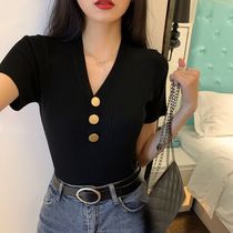 2021 summer new Korean button-down shirt collar short-sleeved knitted sweater womens slim stretch short bottoming shirt top