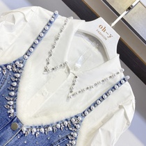 Xiaoxiang air quality pearl brick buckle denim suspender jacket female 2021 spring Korean version large size shirt two-piece set female