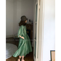 2021 early autumn new womens French dress loose green print design sense niche casual shirt skirt