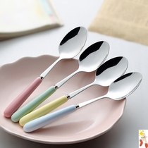 2 4 pieces of ceramic handle stainless steel spoon household colored candy family A family of four big children adult tableware Korean style
