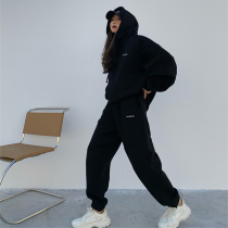 Plus velvet sports suit womens winter senior sense Yujie fried street fashion black casual thick sweater two-piece tide