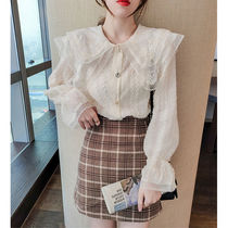  Single suit early spring 2021 new doll collar wild cardigan lace top loose plaid A-line skirt two-piece suit