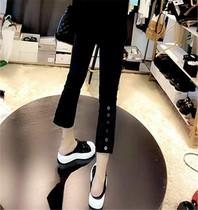 Buckle Subdecoration Casual Pants Spring Summer Thin section 100 lap small black pants elastic high waist display slim micro Law 90% trouser straight drum