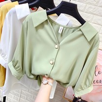 Summer new V-neck loose thin chiffon shirt womens OL temperament short-sleeved shirt port taste pearl buckle foreign style top