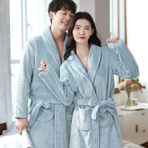 Nightgown couple pajamas female autumn and winter thick flannel long morning robe bathrobe male coral velvet spring and autumn home wear