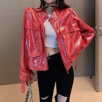 Net Red new fashionable Joker bright leather women 2021 autumn loose thin temperament long sleeve jacket coat tide