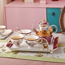 Guochao flower tea set glass pot with filter candle heating base bone china coffee cup saucer afternoon teapot set