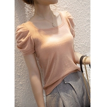 First Line Brands Cut for Foreign Trade Export Female Dress Foreign Air Sexier Sexied Slim-Bubble Sleeves Ice Silk Knit T-shirt Woman