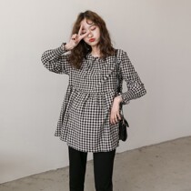 Length of pregnancy shirt in pregnant woman shirt with long sleeve checkered long sleeve plaid doll Korean version loose women 2022 spring clothing blouses