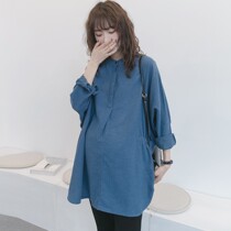 Pregnant woman shirt 2022 spring dress blouse with long section Korean version loose large code casual plaid shirt spring and autumn breast-feeding clothes