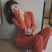 Autumn and winter pajamas womens long sleeve thin modal casual Korean version of the set can go out Red home clothes women (