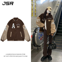 American retro baseball suit women's 2021 fall winter new brown jigsaw embroidery loose jacket coat ins tide