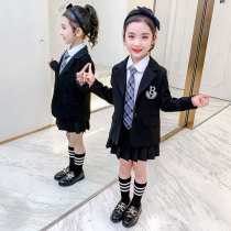 Girl Suit Jacket Spring Autumn 2022 New Children Foreign Pistachio Red Little West Suit Jk Academy Wind Two Suit Dress