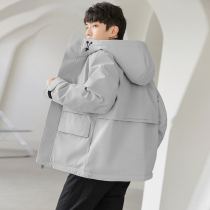 Tooling down jacket mens 2021 new winter plus velvet padded Korean version of tide short Tide brand hooded white coat