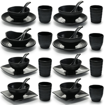 Hot pot four-piece set of table black melamine a5 tableware Japanese frosted barbecue dishes spoon cup set custom logo
