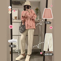 2021 autumn and winter clothes New Net red Street shooting fried street leather pink sweater casual straight wide leg pants two-piece set