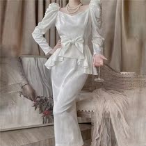 VIVI high-end custom autumn and winter court style retro bow shirt high waist slim skirt two-piece female