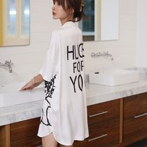 Ice silk pajamas women summer short-sleeved white shirt boyfriend wind 2022 new net red explosive sexy shirt nightdress