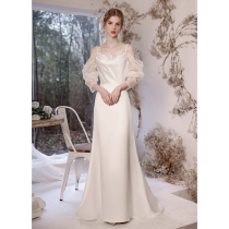 Autumn simple light wedding dress 2021 new little bride trapery satin go out gauze white long sleeve dress women