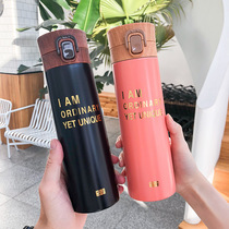 Creative wood grain cover bronzing letters light luxury thermos cup small fresh spring cover stainless steel cup outdoor sports cup
