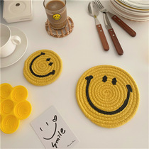 Wind Han version thick real heated large pot cushion with smiley face Woven Cup Cushion Cute Round Cotton Thread Insulation Dining Mat